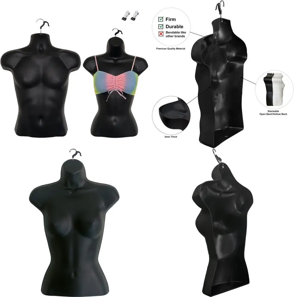 

Black Male and Female Mannequins with Rounded Waist, Hanging Hooks, and Clothing Clips, S-M Sizes (Set of 1)