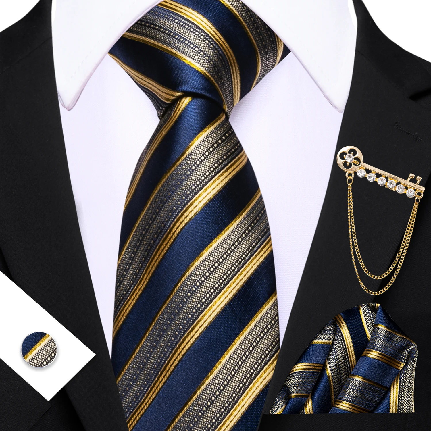 Men's Fashion Striped Blue Gol - Pocket Square Set review and price