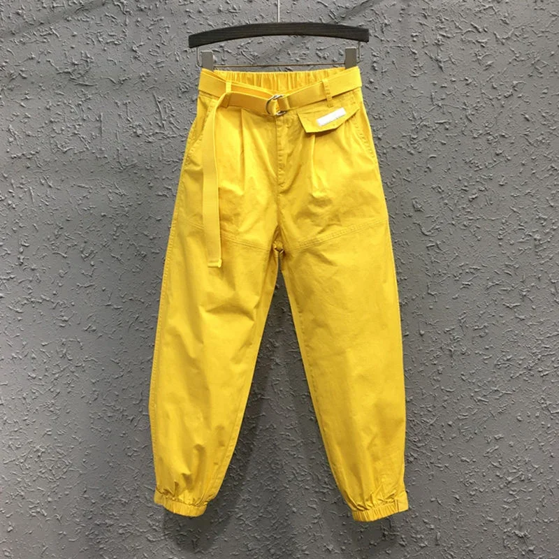 New Summer Women's Harem Pants 2024 Elastic Waist Cotton Casual Denim Pants Solid Loose Yellow Jeans Trousers Female