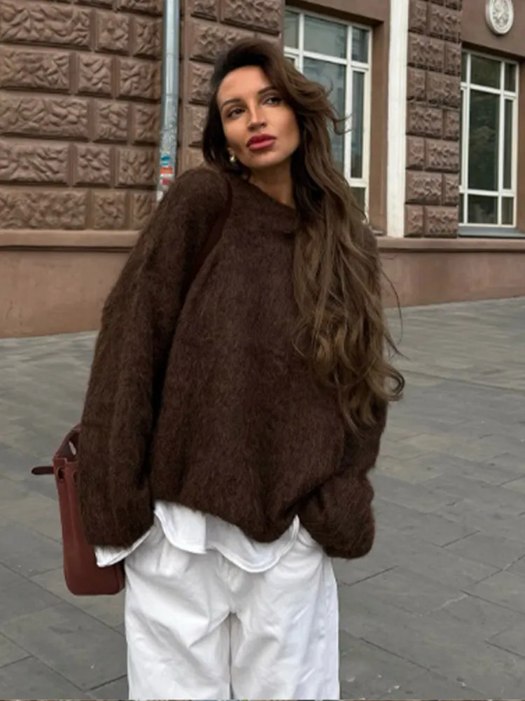 Women Casual Chocolate Color O Neck Mohair Pullover Fashion Long Sleeve Loose Knitted Sweater 2024 Lady Winter New Knitwear Top