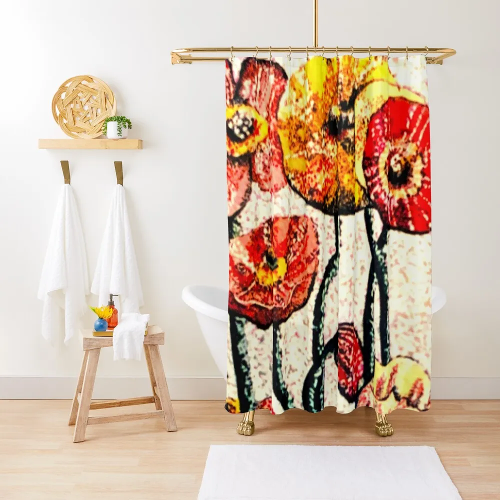 

Poppies 80's Style Shower Curtain Set For Bathroom Bathroom Accessories Waterproof Fabric Shower Curtain