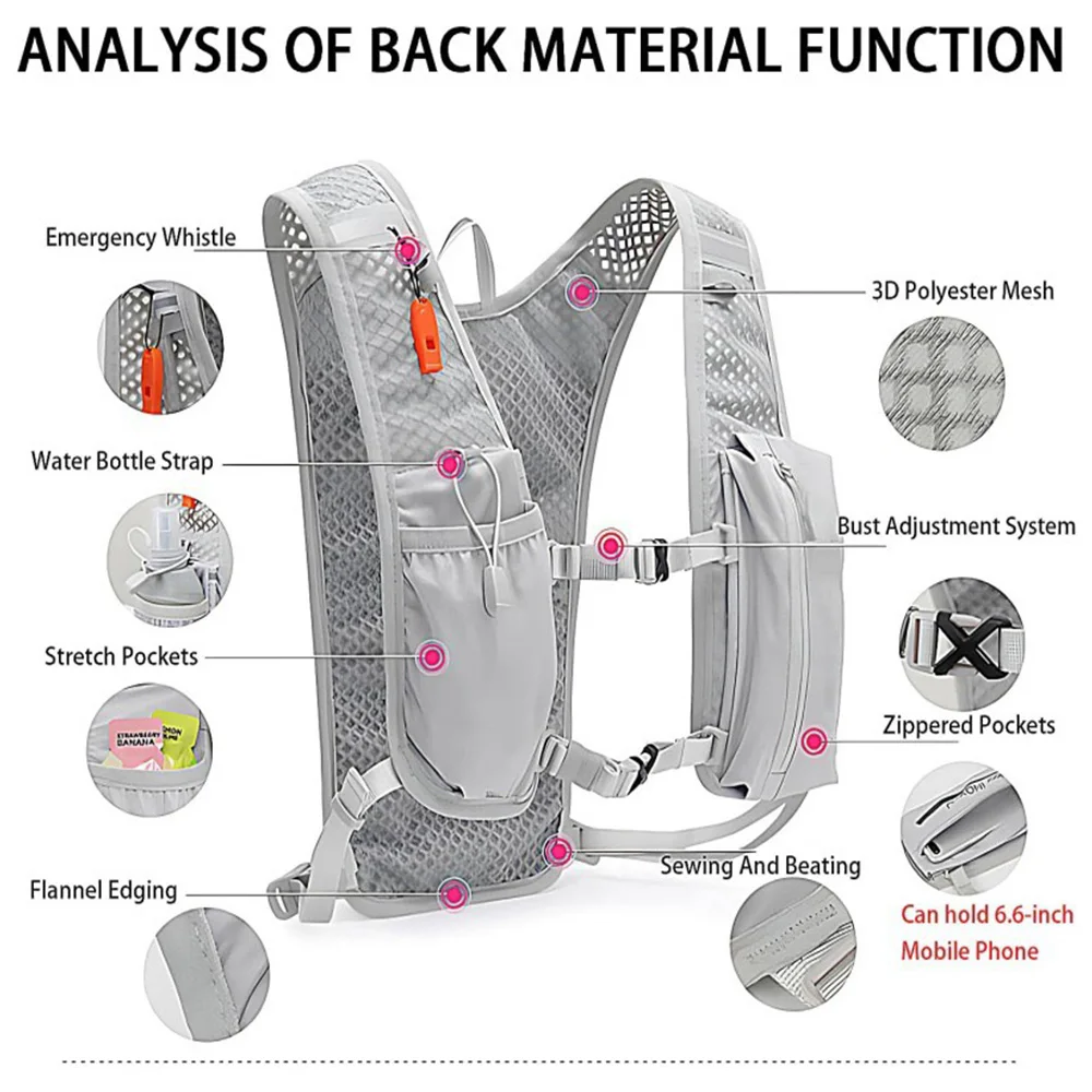 Trail Running Backpack Multi Zipper Pockets For Running Hiking Breathable Reduce Pressure