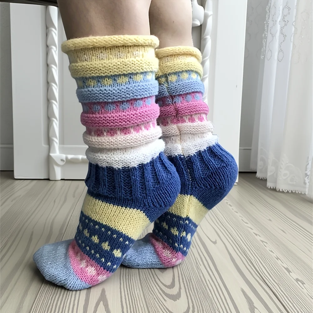 

One Pair of Trendy Winter Women's Colorful Striped Over-the-Knee Socks, Cross-Border Mid-Calf Warm Floor Socks