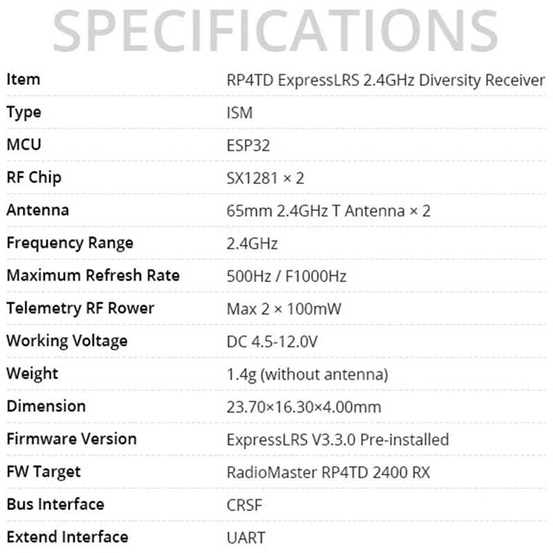 For Radiomaster RP4TD Expresslrs 2.4Ghz Nano Receiver Built In WIFI TCXO(RP4TD FCC) Replacement Parts Accessories 1 PCS