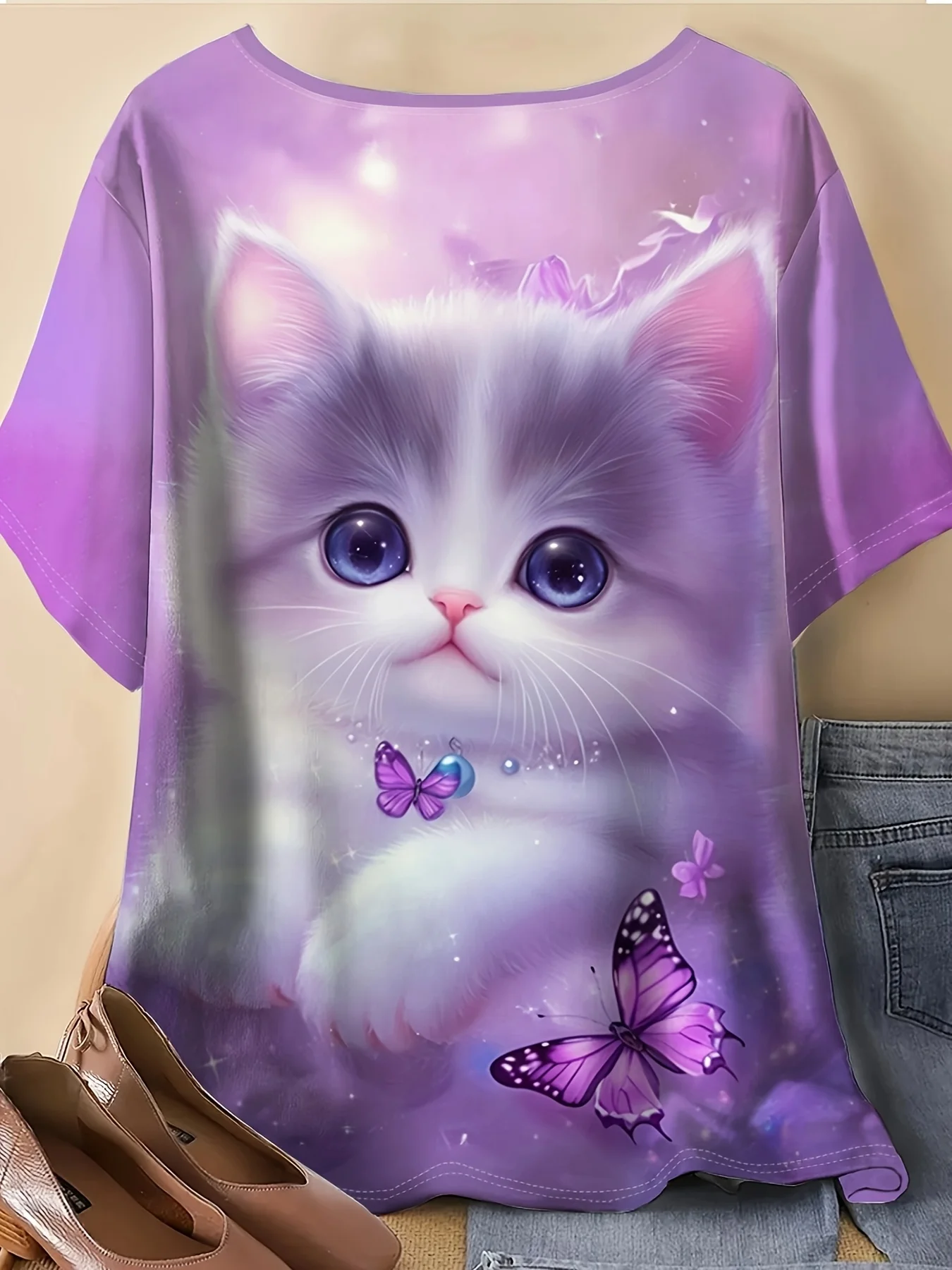 Women Round Neck Short Sleeve T‑shirt Cute Purple Kitten Butterfly Dreamy Gradient Print Loose Casual Tee Top Women's Clothes