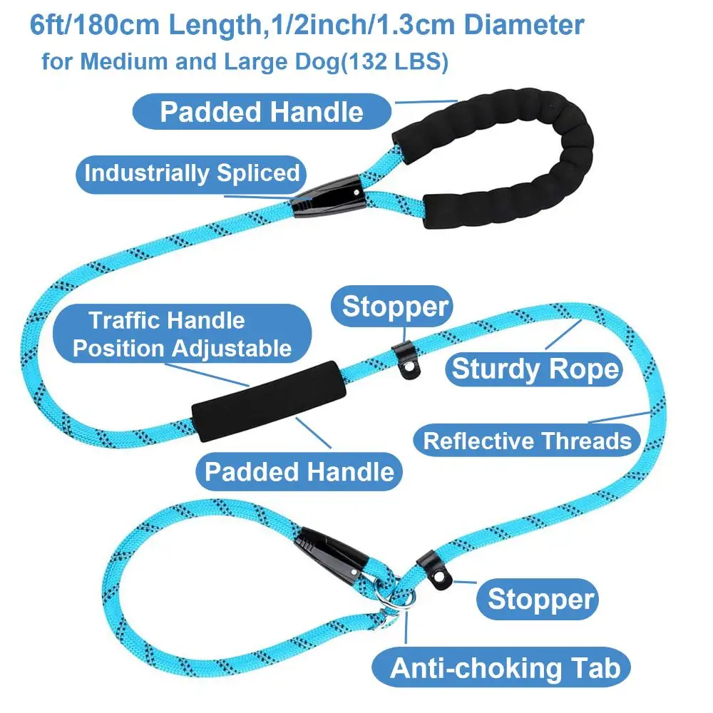 Slip Lead Dog Leash with Two Traffic Padded Handles Reflective Threads Dog Training Leash Rope Leash for Medium and Large Dog