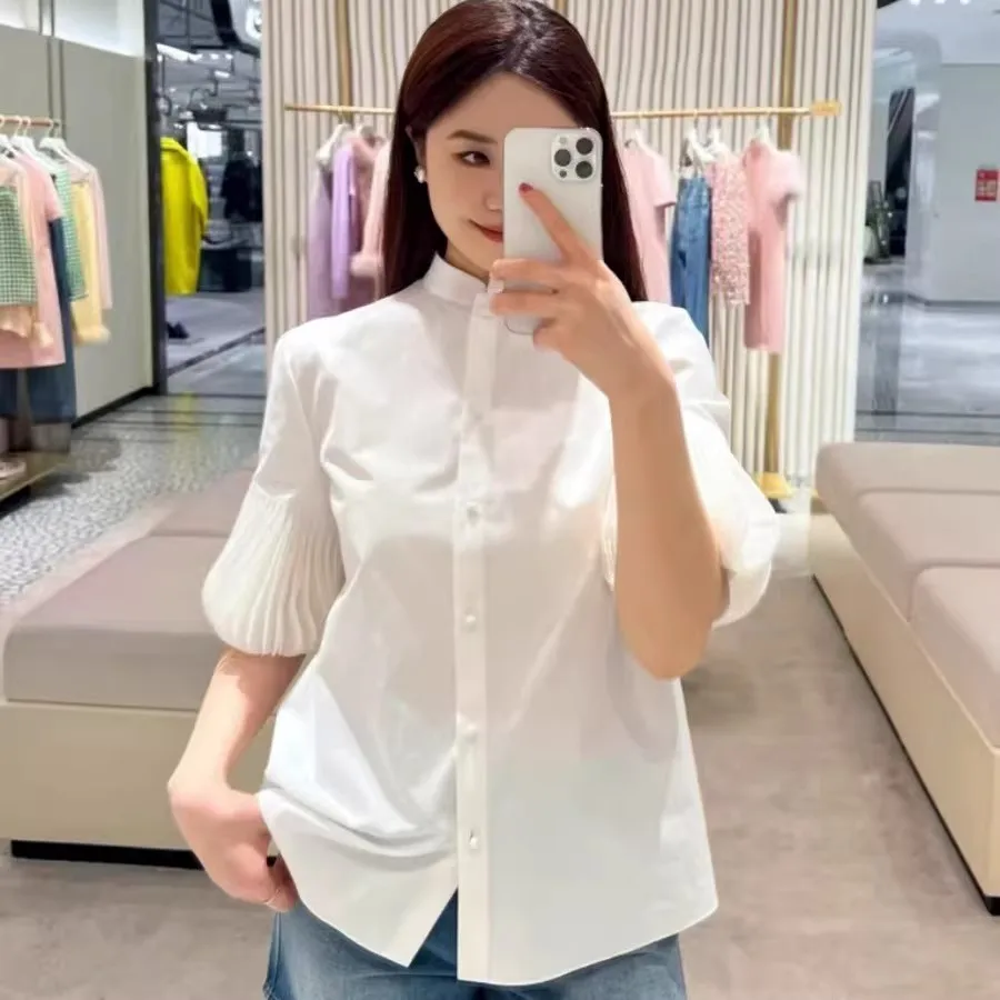 

2026 New Summer Fashion Pure Cotton Tops Elegant Ladies Stand Collar Puff Sleeve White Shirt