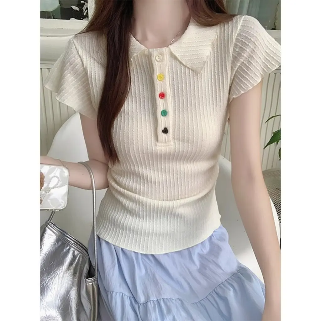 

Women's Slim-fit Colorful Button POLO T-shirt Chic Lapel Short-sleeved Summer Top Pleated Waist Design