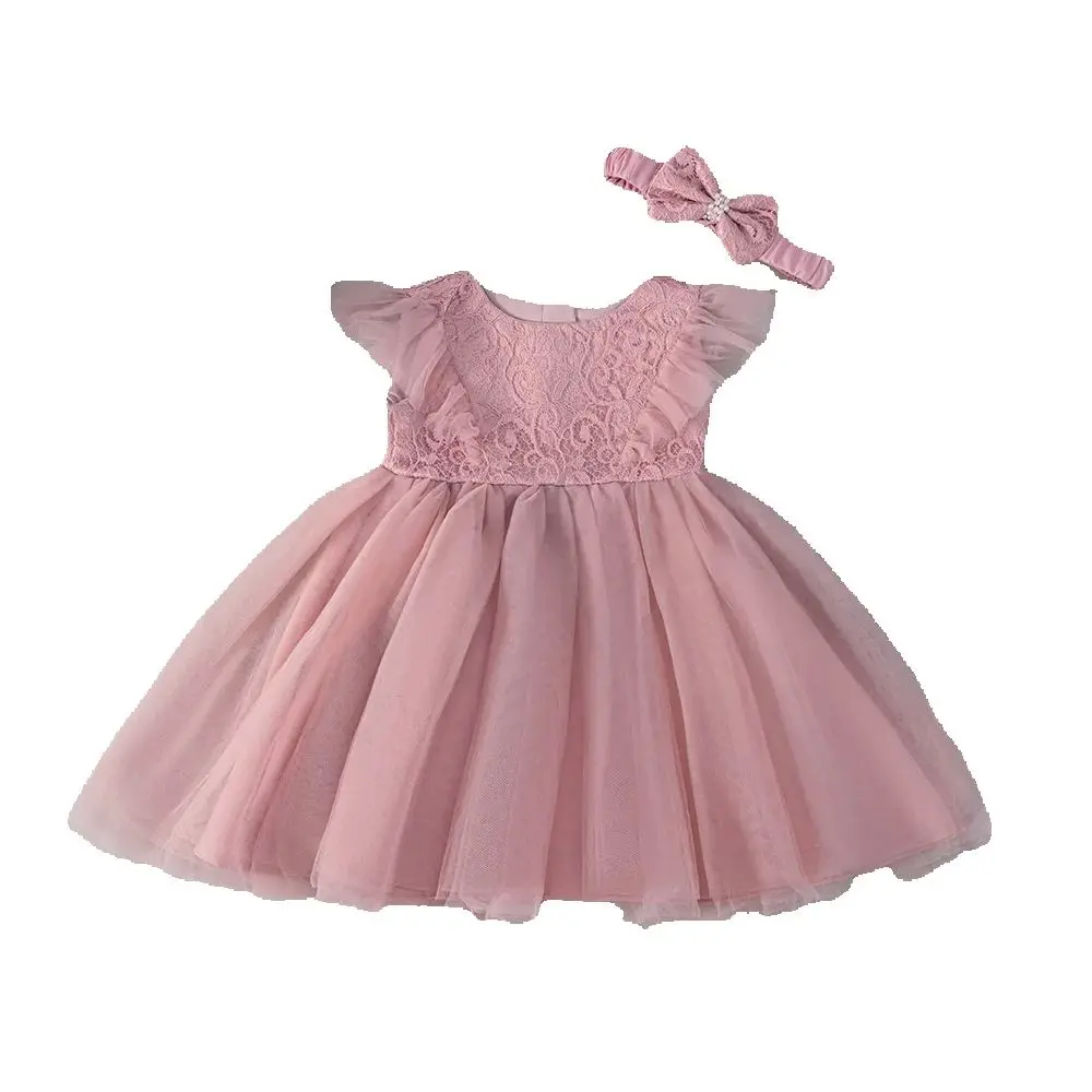 HETISO Pink Lace Infant Christening Gown for Baby Girls 0-2 Years First Birthday Dress Flower Party Occasions Girls Clothing