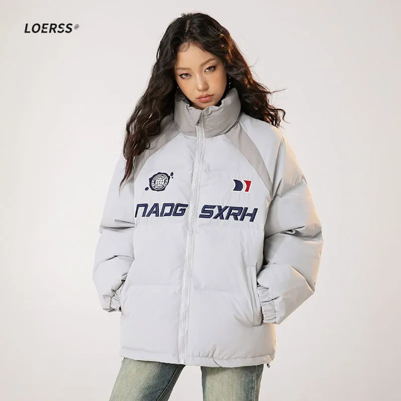 LOERSS Bomber Jacket Embroidery Contrasting Puffer Winter Thick Warm Men and Women Parka Versatile Casual Unisex Couple Coat