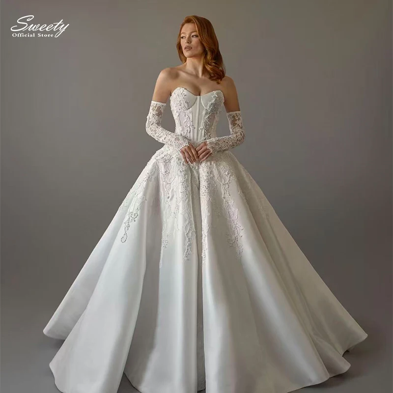 High Quality Wedding Dresses Embroidered Lace With Satin Ball Gown Strapless Full Sleeve Customized Bridedress Vestido De Novia