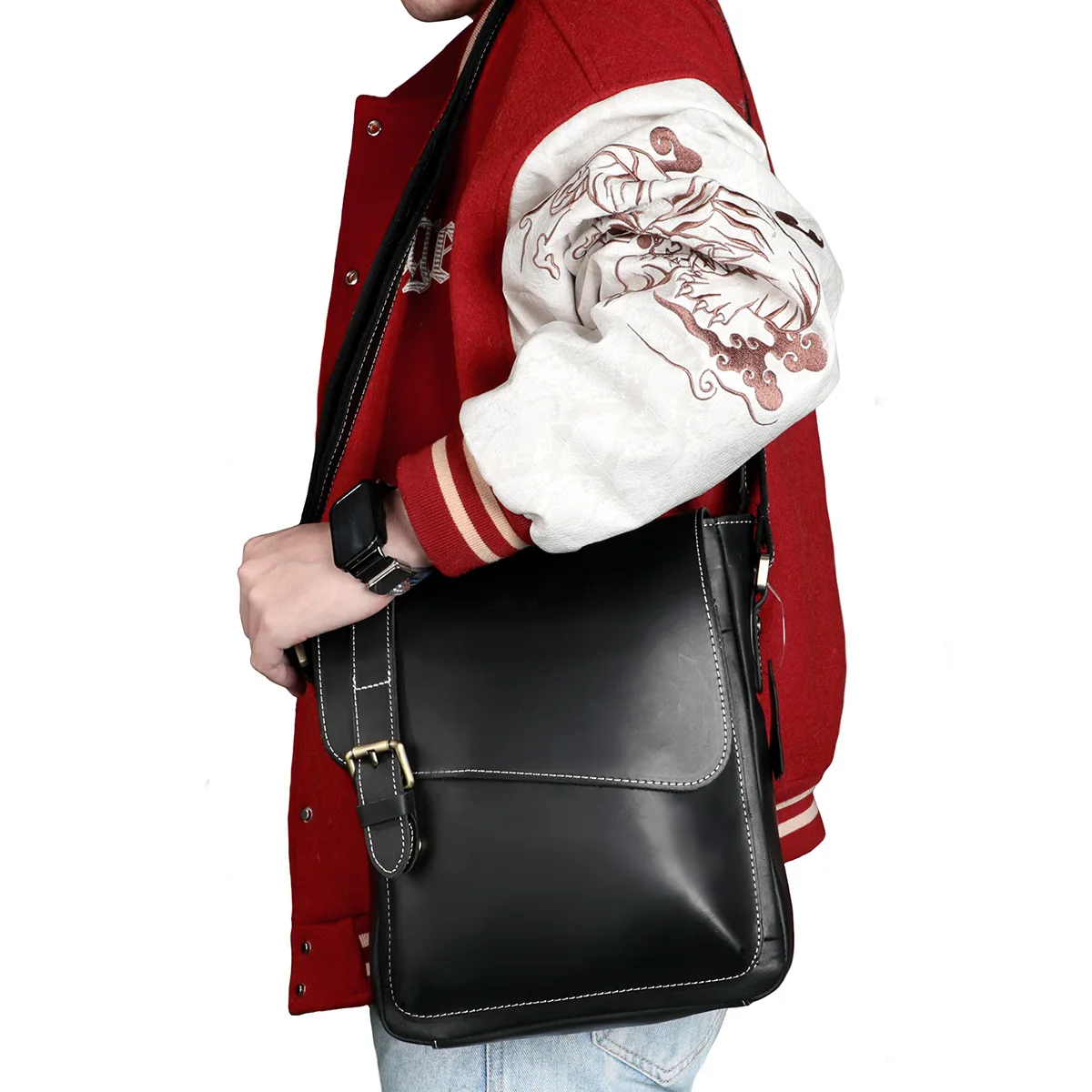 

Vintage real leather men's cross-body square 8-inch IPad bag storage flip lock premium travel shoulder bag