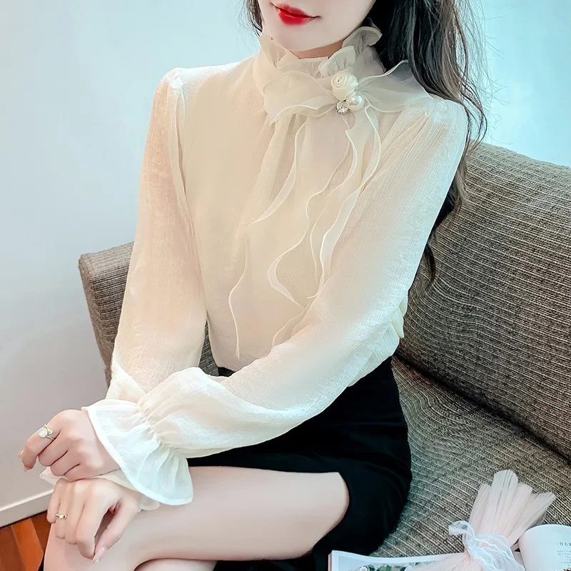 2023 Spring Autumn Basic Shirts Blouses Women Fashion Long Sleeve Elegant Office Lady Work Solid White Ruffled Chic Tops