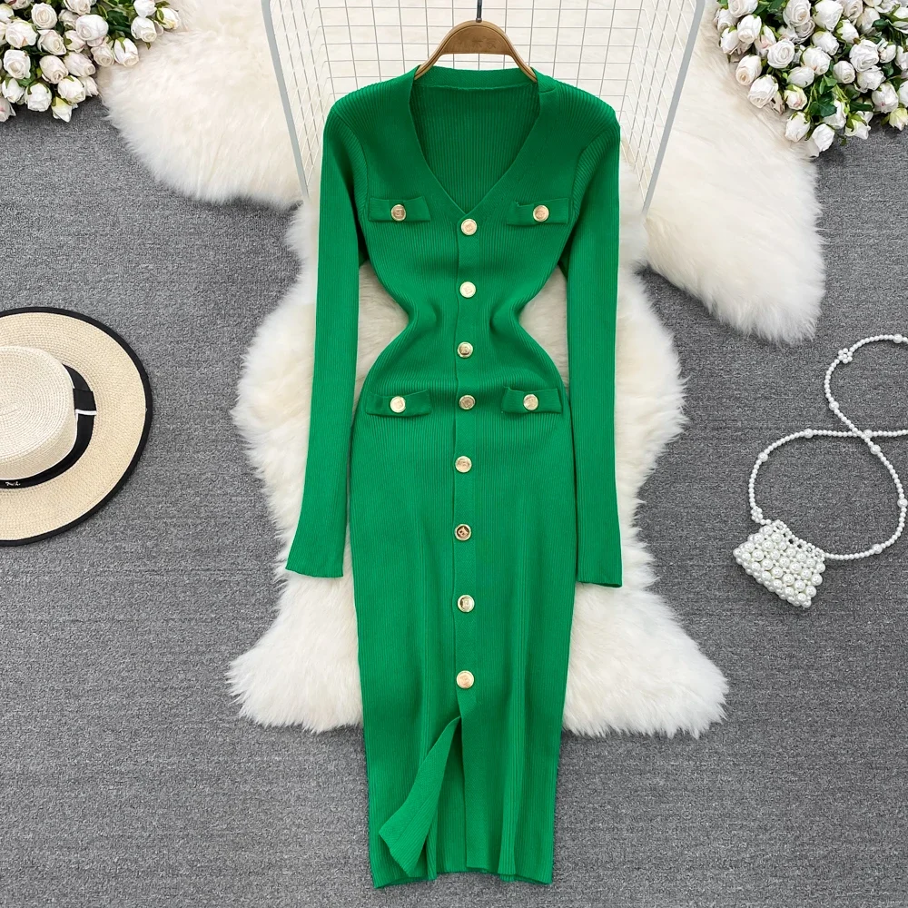 Sexy Split V-neck Long Sleeve Bodycon Dress Chic Elegant Evening Party French Fashion Knit Vestidos Women Autumn Pencil Dress