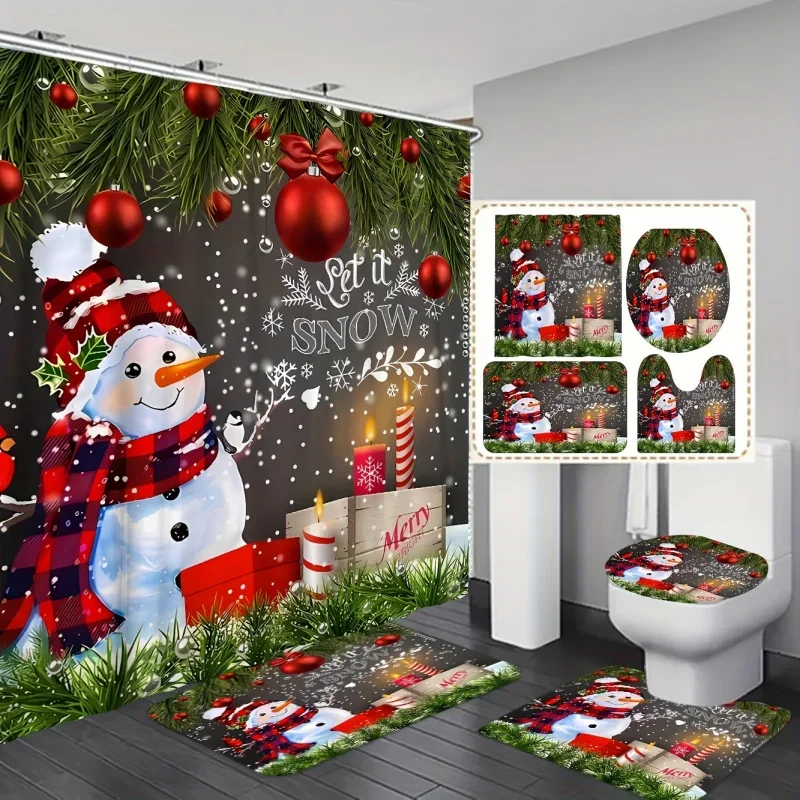 Christmas Snowman Shower Curtain Set with Festive Bathroom Rugs and Hooks, Machine Washable, Polyester, Non-Fade Woven Fabric, F