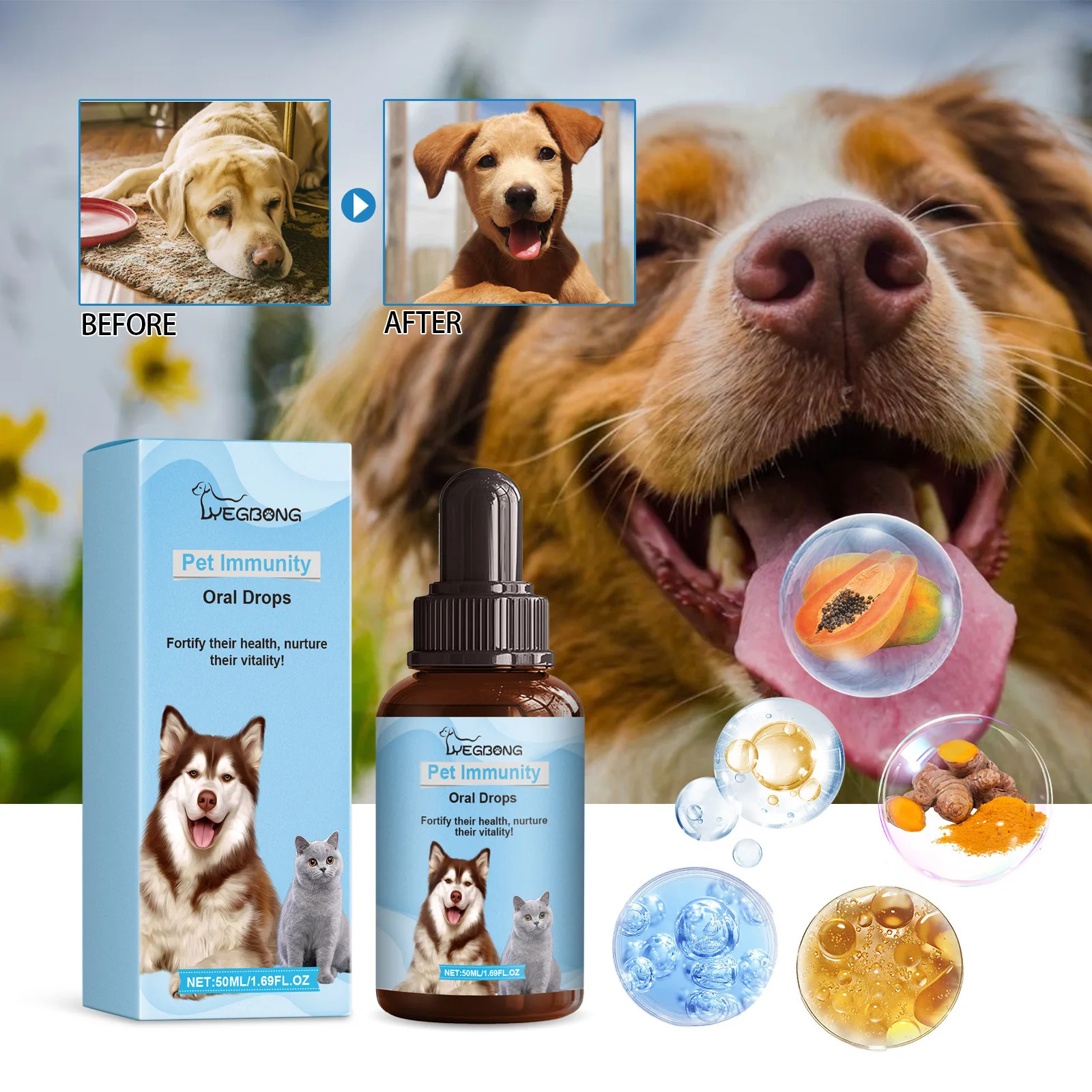 YEGBONG Pet Immunity Oral Drops Supplementary Nutrition Immunity Health Drops for Cats and Dogs