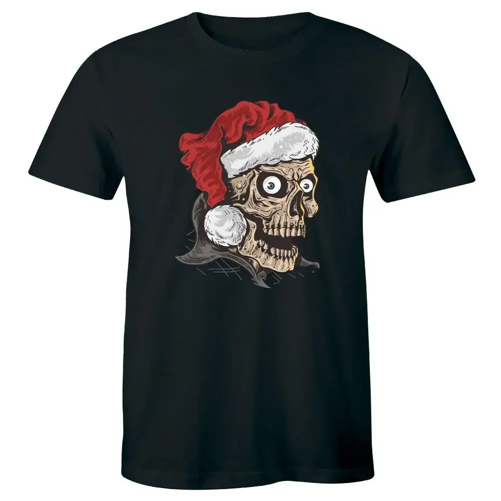 Christmas Skull with Santa Hat T-Shirt for Men Holiday Season Tee Shirt