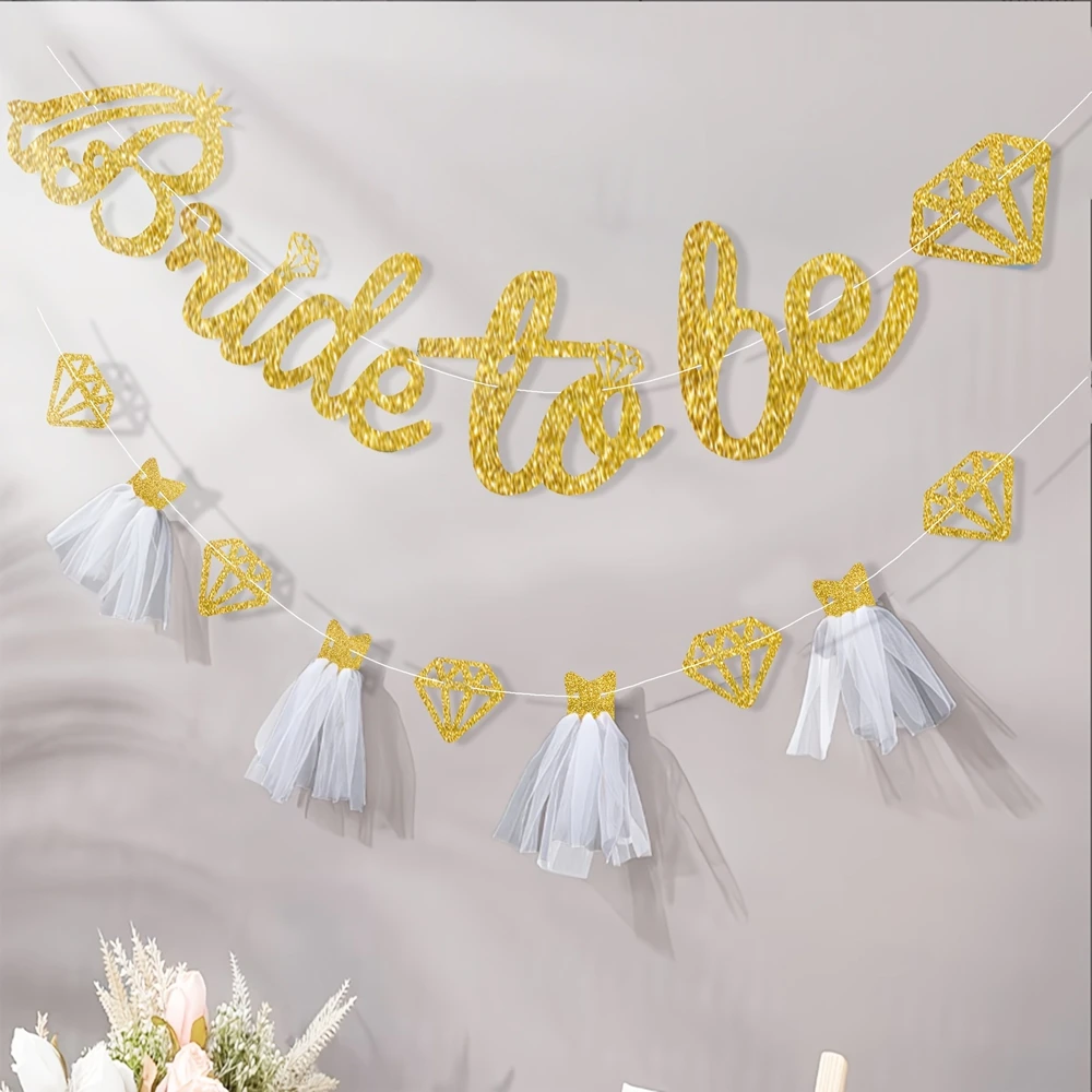 1set Glitter Bride To Be Banner with Tulle Dress Diamond Cutouts Paper Banner for Bridal Shower Bachelorette Party Wedding Decor - view 4