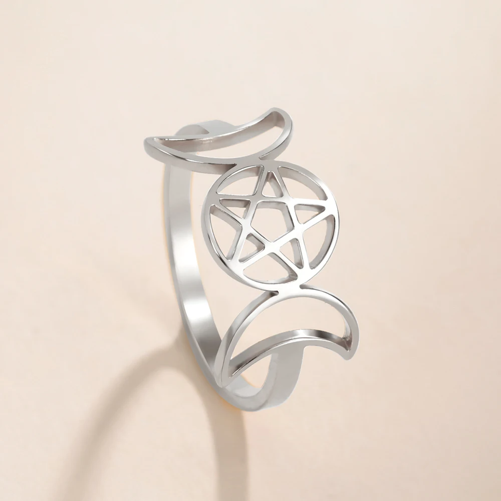 COOLTIME Pentagram Triple Moon Goddess Symbol Rings for Women Men Stainless Steel Crescent Star Ring Vintage Wicca Jewelry Gift