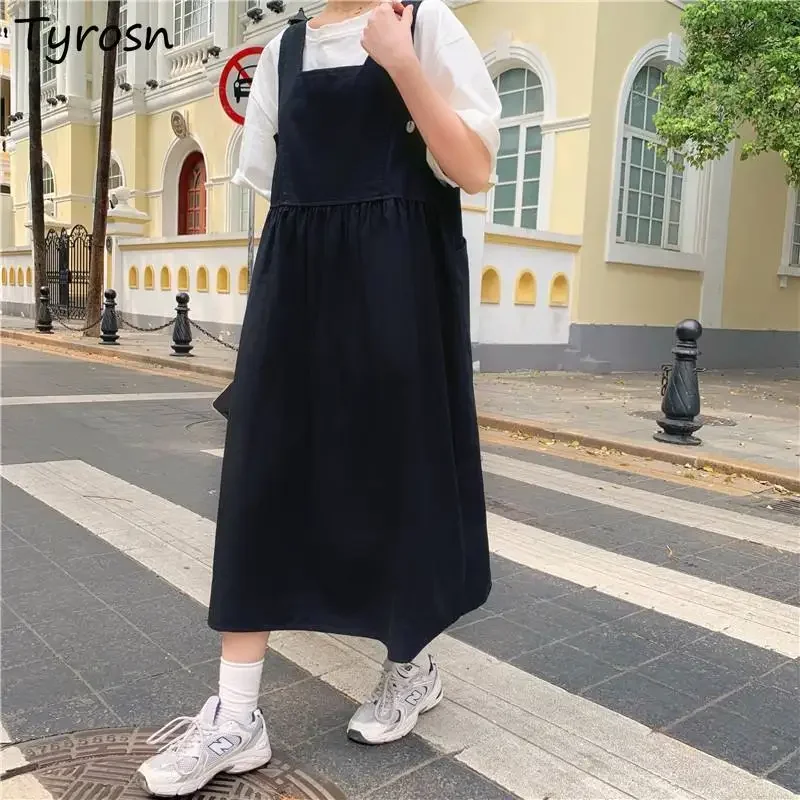 Sleeveless Dress Women Solid Black Spaghetti Strap Vestidos Korean Fashion Folds Loose Empire Midi Dresses Students Preppy Style