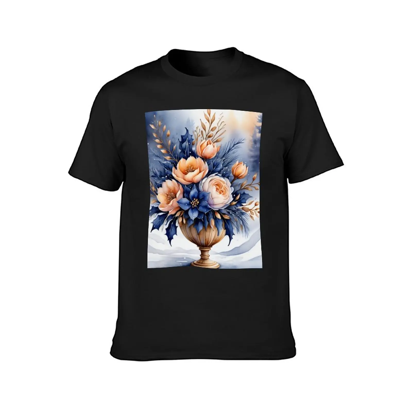 Delightful watercolor winter scene fantasy winter bouquet in midnight blue apricot. T-Shirt