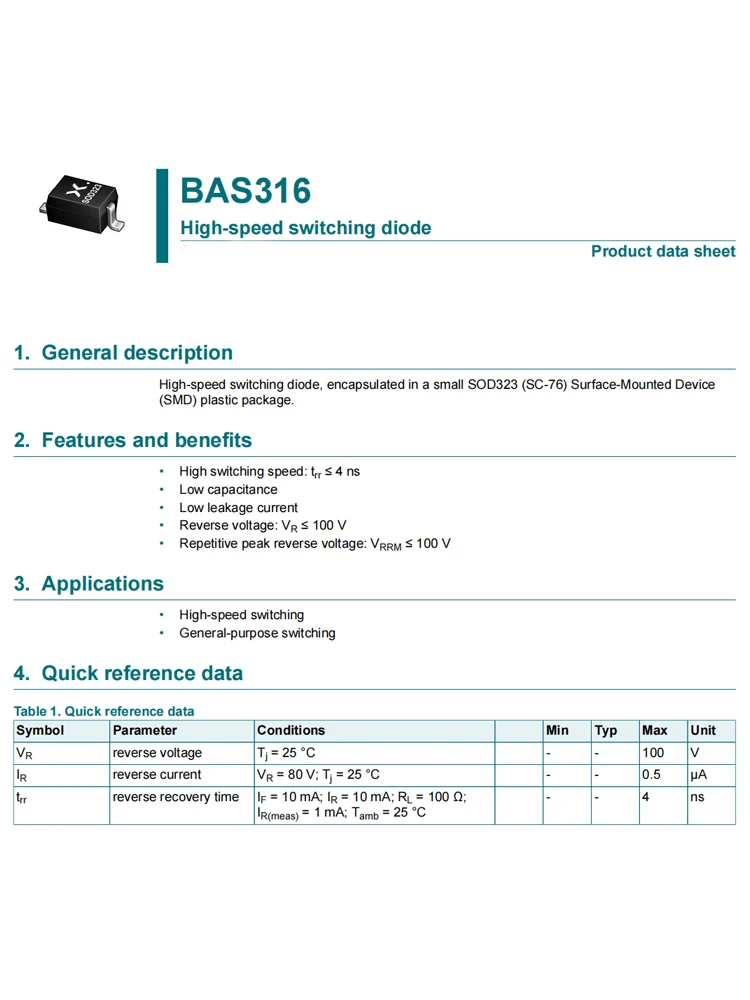 BAS316 SOD-323 0805 100pcs silk screen A6 100V/250mA high-speed switch diode