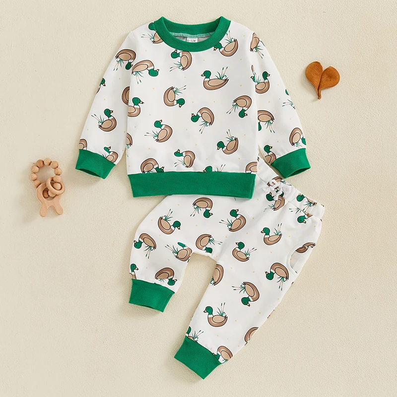 Baby Boys Pants Set Duck Print Long Sleeve Crew Neck Sweatshirt with Elastic Waist Sweatpants Infant Clothes