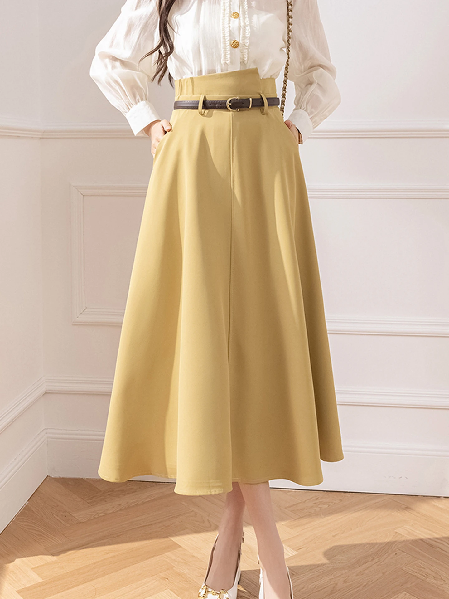 

Winter Women High Waist A Line Skirt Flowy Long Skirt Slim Fit Elegant Midi Skirt