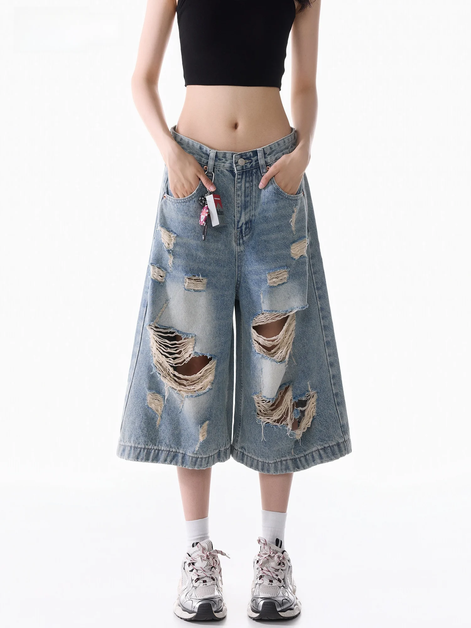 

Women's Loose Fit Skinny Jeans Large Hole Ripped Summer Thin Shorts Casual Washed Denim Pants Wide Leg Natural Waist Zipper