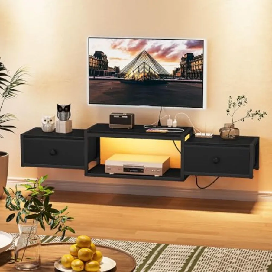 

Wall Mounted Floating TV Stand with Power Outlet and LED Lights for 55 TVs Wooden Media Console Shelf with Drawer in Brown Mode