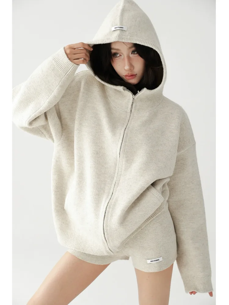 

American Retro Stylish New 2 Piece Set Women Long Sleeve Jacket And Shorts Autumn Winter Korean Style Y2k Chic Sweater Outfits