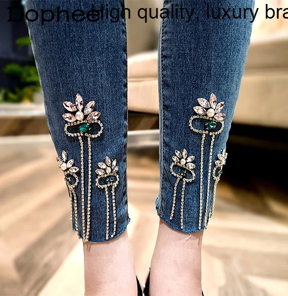 Heavy European Fashion Rhinestone Beaded Tasseled Jeans Women Slim Stretch Cropped Denim Pants Skinny Pencil Trousers Streetwear