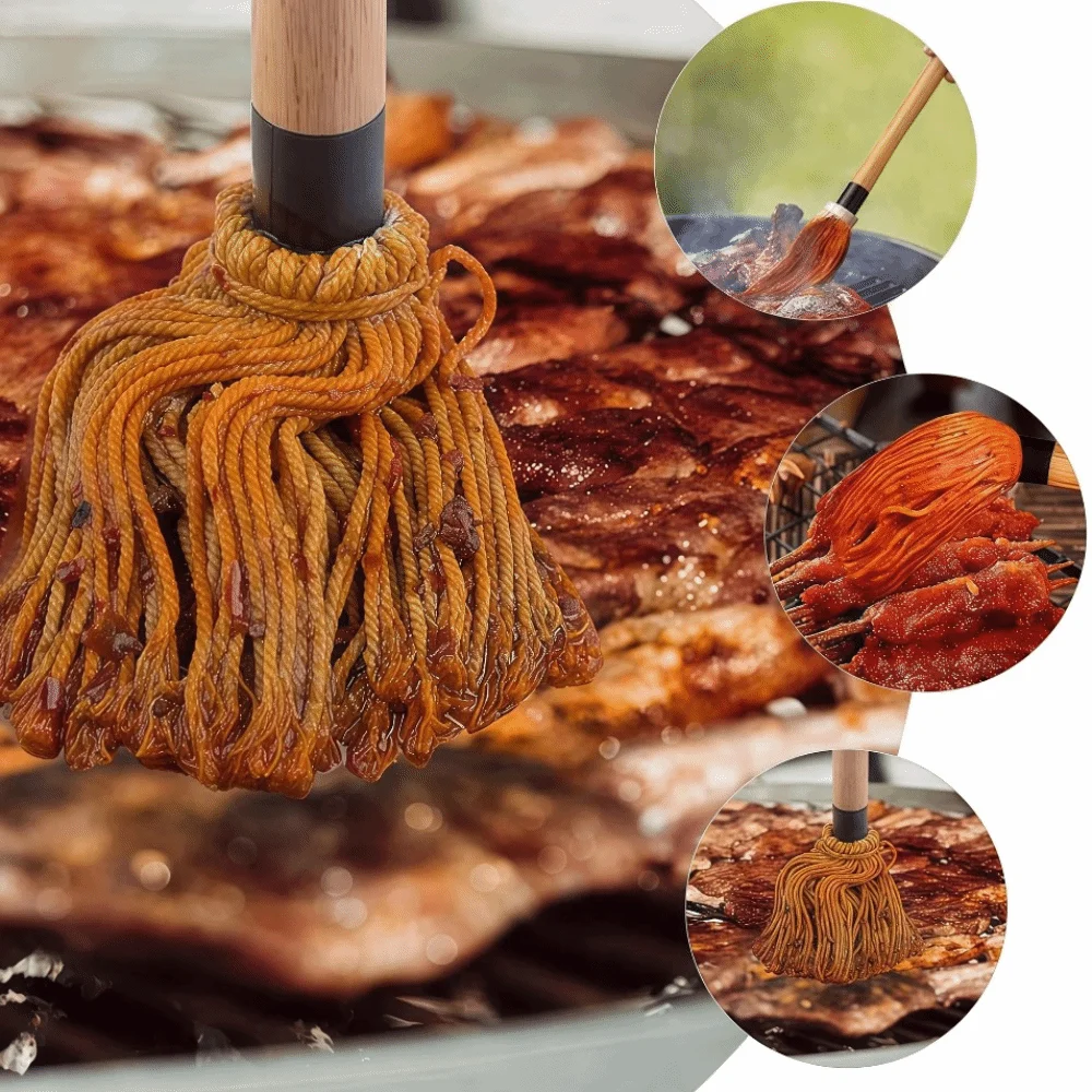 Wooden Handle BBQ Mop Brushes Hanging Soft Cotton Bristles Grill Basting Mop with Replacement Heads Barbecue Sauce Brushes