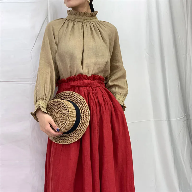 Johnature Autumn New Linen Loose Ruffles Collar Women Shirts 2024 Vintage Solid Color Full Sleeve Button Female Blouses