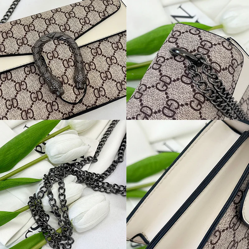 حقيبة كروس نسائية عصرية بطباعة حروف - PU مع حزام سلسلة معدنية وقفل مغناطيسي وقاعدة متينة للتسوق والاستخدام اليومي