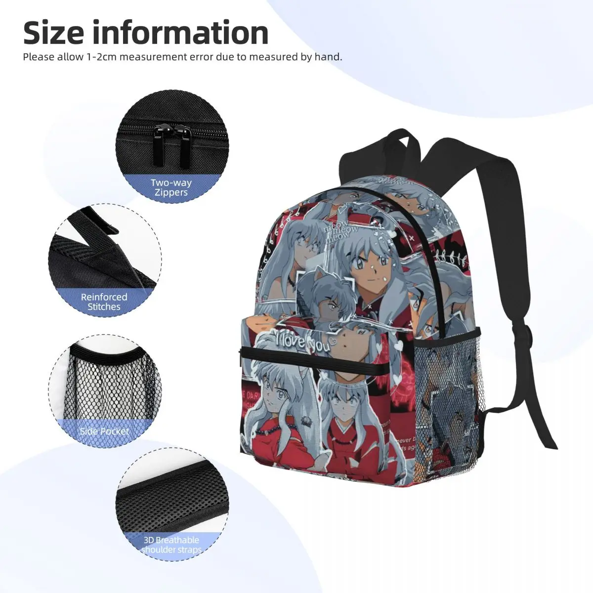 이누야샤 애니메이션 학생 배낭 학교 가방 소년을위한 하이킹 여행 데이 팟 소녀 패션 Bookbag 어깨 가방
