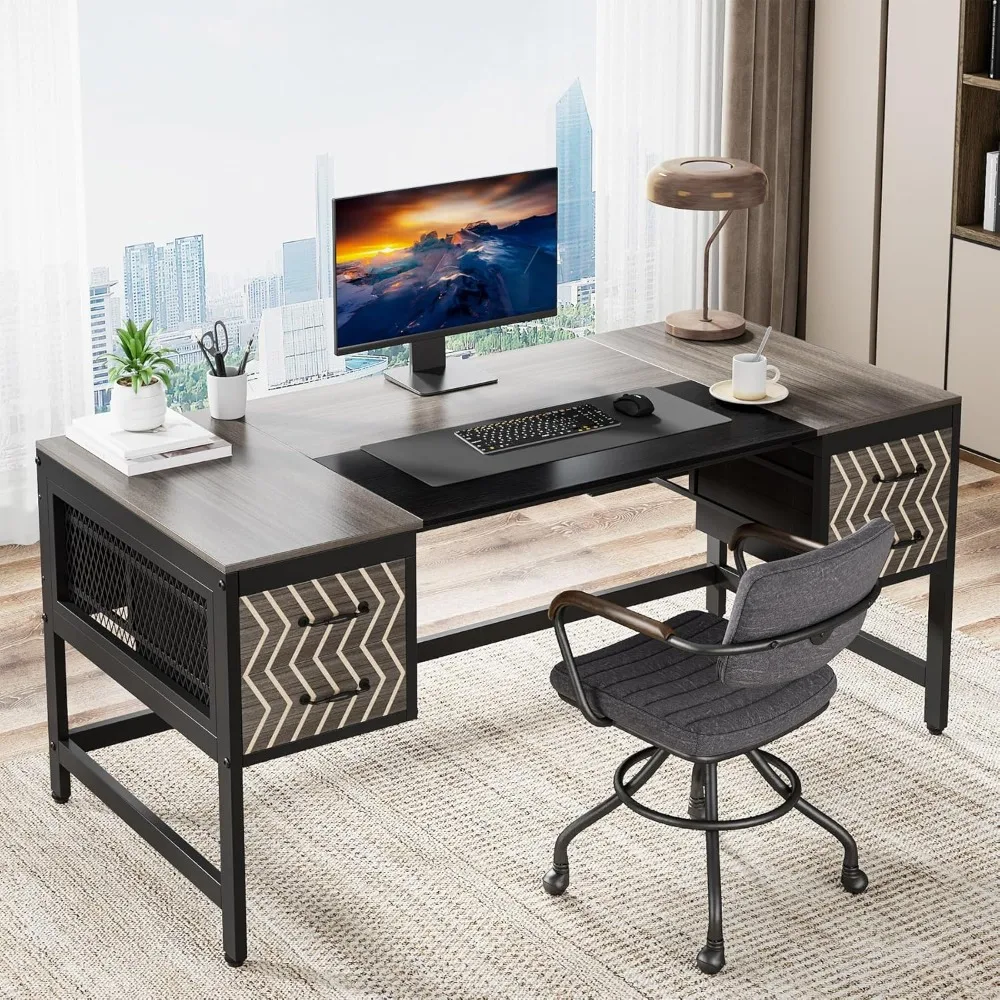 

Home Office Desk with Drawers: Computer Executive Desk with Storage Drawers, Wood Farmhouse Study Writing Table