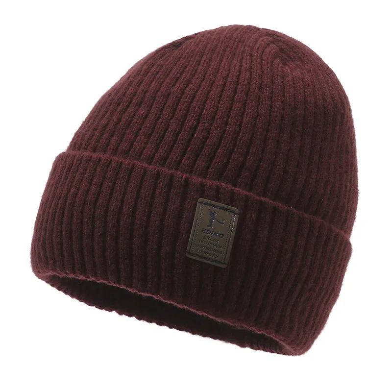 New Men Winter Label Warm Hat Fleece-Lined Thickening Wool Cap Outdoor Cycling Windproof Knitted Bonnet Casual Cold-proof Beanie