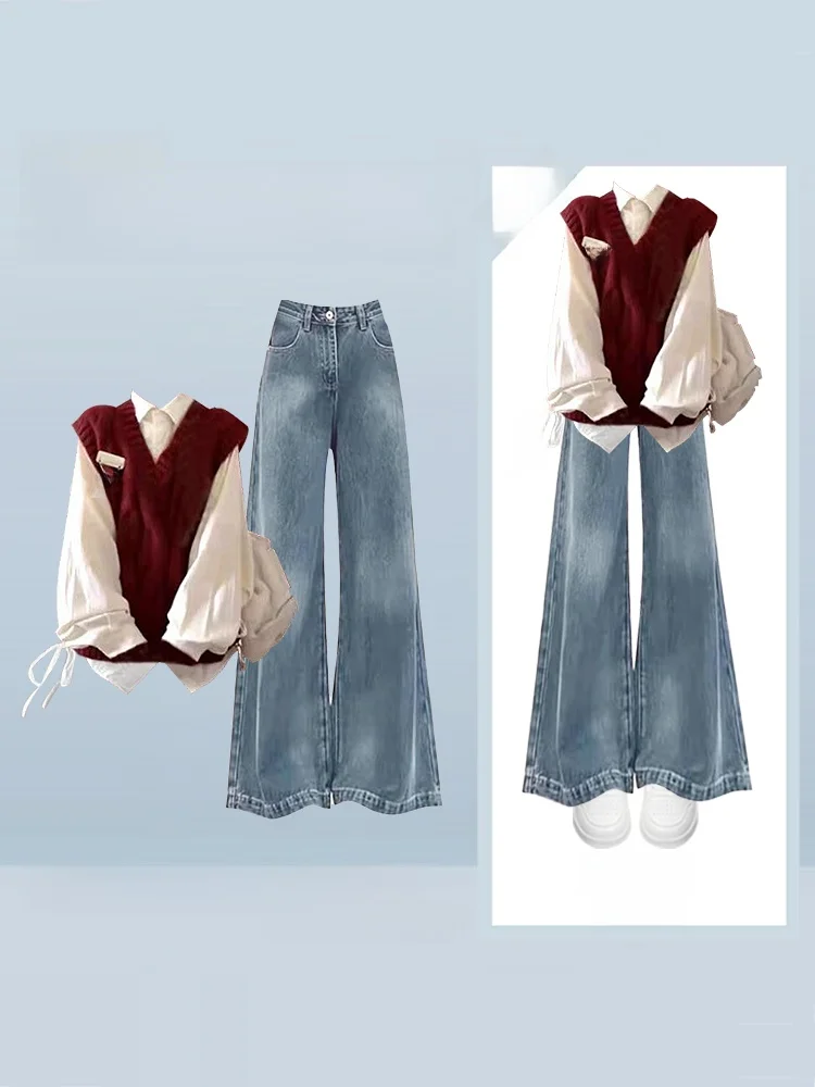 

Red Knitted Sweater Vest And Jeans Set Women's New Year's Fashion Casual Style High Waist Straight Leg Pants Knot