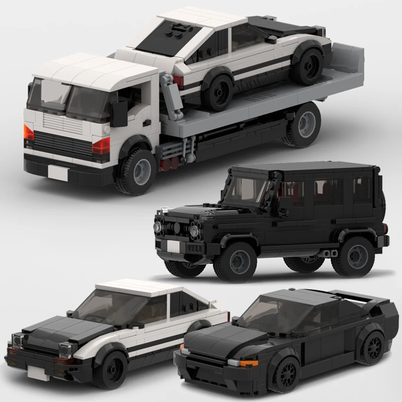 

MOC Flatbed Trailer G63 SUV AE86 GTR R32 Sports Car Building Blocks Speed Racing Vehicle Bricks Toys Gifts For Boys Children