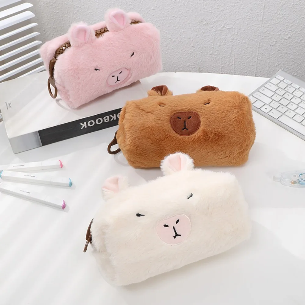 Sac à stylo en peluche Capybara de grande capacité pour enfants, fermeture à glissière animale, étui à crayons en peluche Capybara, poudres douces de dessin animé