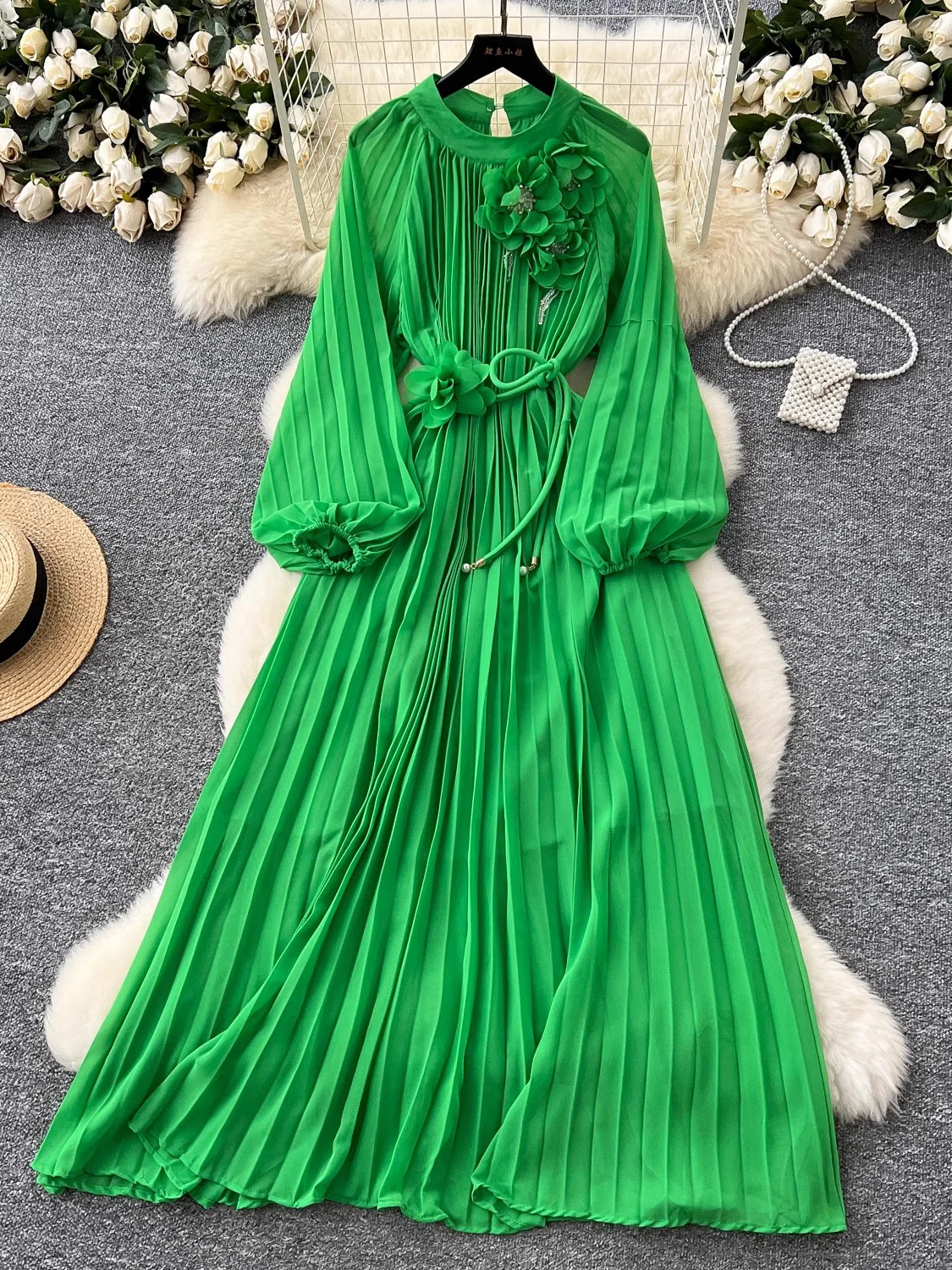 ฤดูใบไม้ผลิผู้หญิงประดับด้วยลูกปัด Draped จีบชุดยาว Elegant Rose สีแดง/สีฟ้า/สีเขียว/สีเหลืองพัฟแขนเอวสูง Maxi vestidos Robe ใหม่