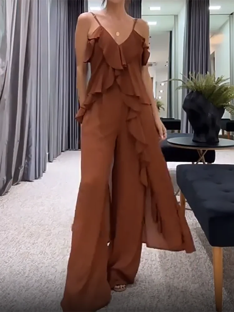 Set da due pezzi con top corto con cinturino per spaghetti, completo chic patchwork con stampa estiva da donna, pantaloni a gamba larga con fasciatura 2025 Abiti da donna