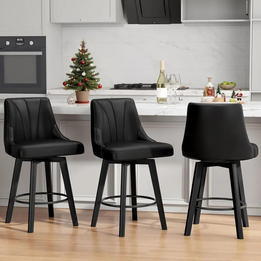 

24 Swivel Counter Stool Set of 3, Upholstered PU Leather, Black, with Backrest and Solid Wood Legs for Kitchen Island Dining