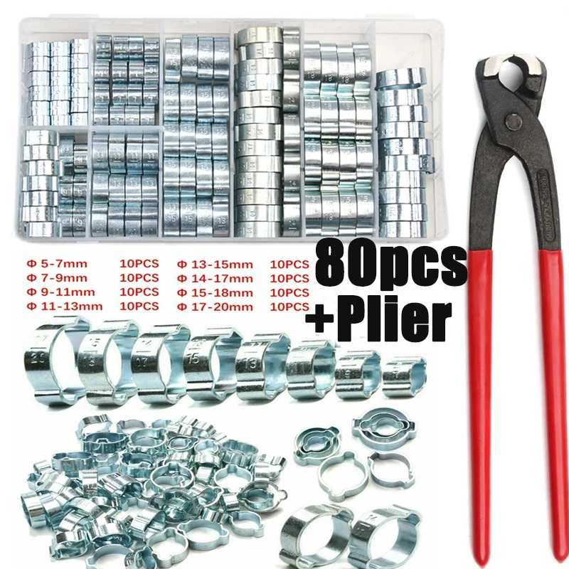 80 pièces 5-20mm, pinces à Double oreilles, entraînement à vis sans fin, colliers de serrage de tuyau d'eau de carburant + 1 pinces pour le travail du bois