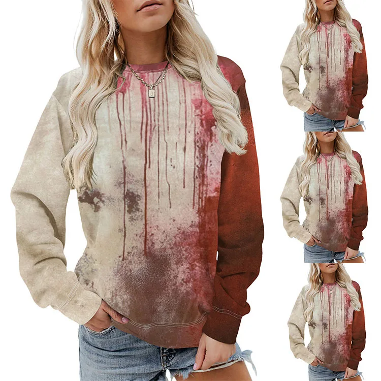 

Autumn women's hoodie new tie-dyed round neck long sleeve shirt loose casual pullover fashion personality bloody hoodie