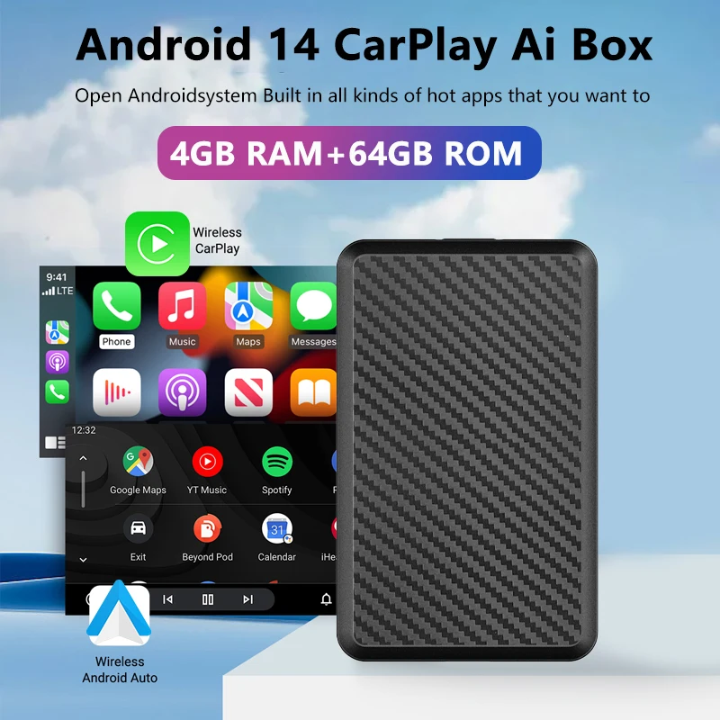 Android14 Wireless CarPlay and Android Auto 3in1 New Smart Ai Box Plug and Play 4 Cores 2GB+16GB/4GB+64GB Stable Transmission