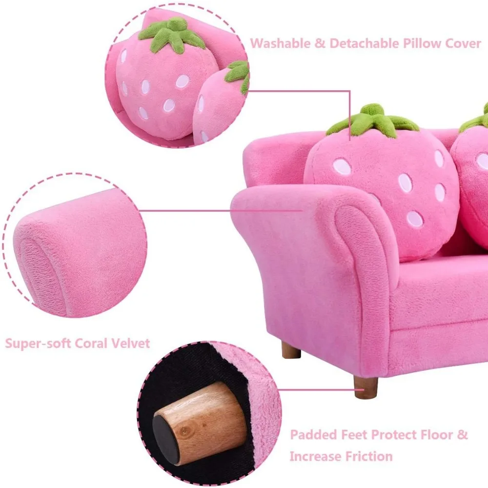 Kindercouch, Doppelsitz, rosa Kindersofa mit 2 Erdbeerkissen, Kleinkind-Armlehnenstuhl für Schlafzimmer, Wohnzimmer