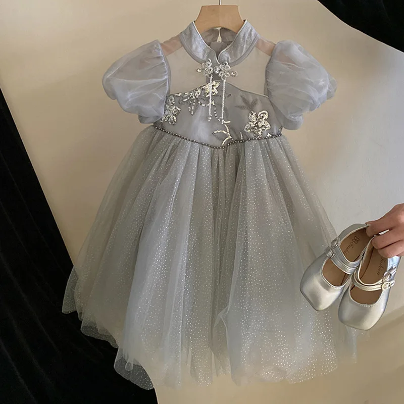 

Girl Dress Chinese Dress 2024 Summer New Gauze Bubble Sleeve Princess Skirt Foreign Style Stand Collar Tray Button Gauze Skirt