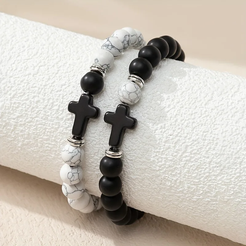 Sense of design Black and white couple Cross Bracelet Set religious prayer beads Stone Bracelet Dropshipping